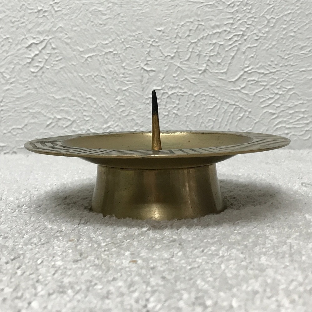 Vintage Korean Brass Pricket Candle Holder Brutalist Etched Tribal‎ Spike Stand - Picture 2 of 8